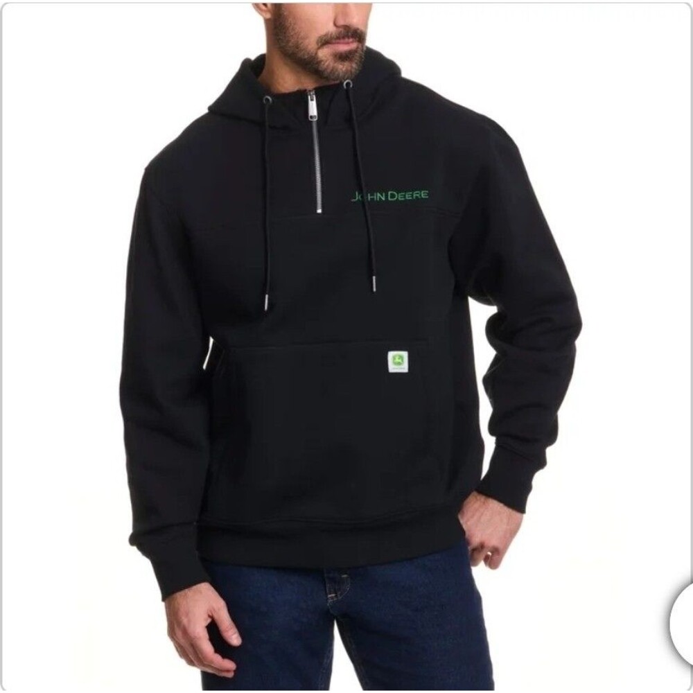 John Deere Men's L Quarter Zip Hoodie Cotton Rich Heavyweight Embroidered Black - Picture 6 of 11